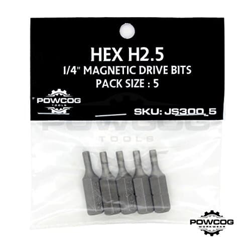 Image of HEX H2.5 Magnetic Screwdriver Bits 1/4" 25mm - Very Strong Manufactured from Chrome Vanadium Steel by POWCOG® - Pack of 5