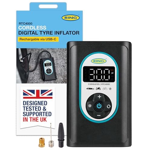 Image of RING TYREINFLATE GO 4 Cordless Digital Tyre Inflator Air Compressor: Rechargeable & Powerful - Measures in PSI, BAR & kPA