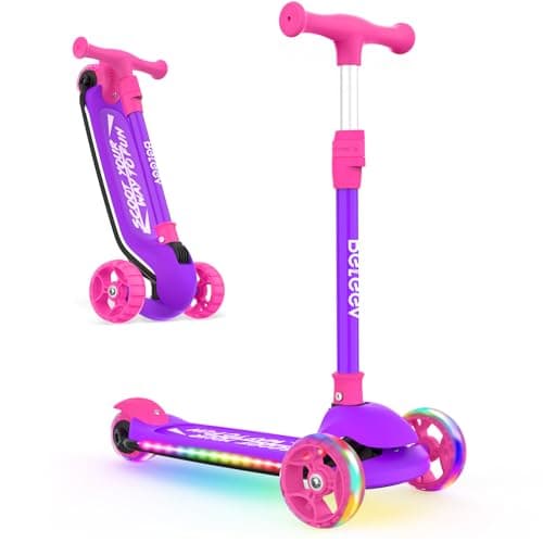Image of BELEEV Scooter for Kids with Light-Up Wheels & Deck, 3 Wheel FoldingScooter for Toddlers Girls Boys, 4 Adjustable Height, Non-Slip Pattern Deck, KidScooter for Children Ages 3-12(Pink Purple)