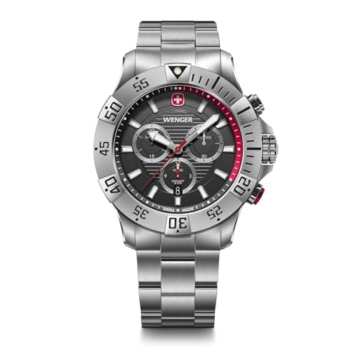 Image of Wenger Men’s Watch Seaforce Chronograph Ø 43 mm, Swiss Made, Analogue Quartz, Water-Resistant up to 200 m, Stainless Steel Strap, Silver/Black, 01.0643.123