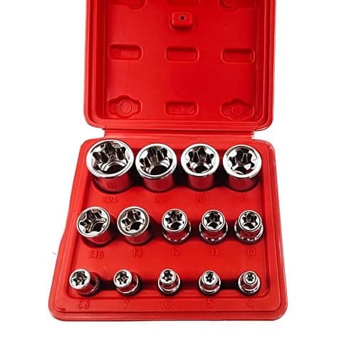 Image of 14Pcs Female E-Torx Star Socket Set, 1/4, 3/8, 1/2 in Drive,Female External Star Socket Set E4-E24 Torque Socket Set with Red Case