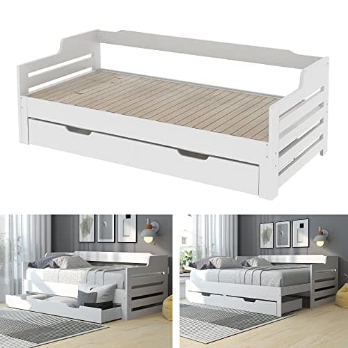 Image of Merax Daybed Frames 3FT Single Bed mit Storage, Pull out Trundle Wooden Bed with Drawer for Children Adults, for Living Room and Bedroom, 90 x190 cm, White