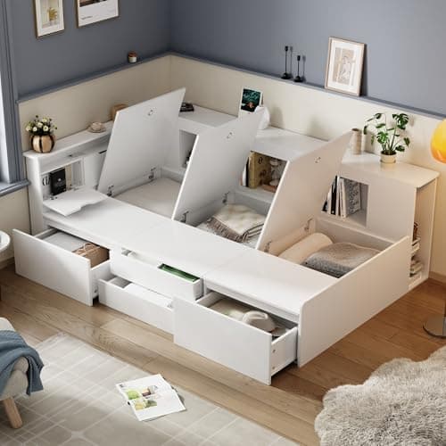 Image of Merax Cabinet Platform bed with drawers & bookcase & cupboard, Single Wooden Storage Bed for Children Adults, 4 drawers, 3 bed boxes with storage space, 90 x190 cm, White
