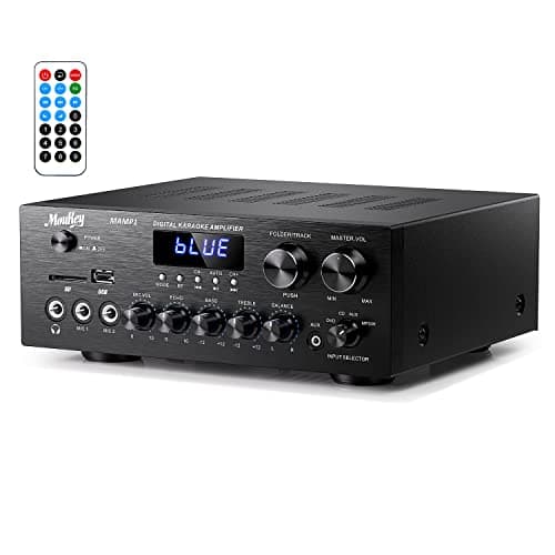 Image of Stereo Power Audio Amplifier 220W Bluetooth 5.0, Moukey 2.0 Channel Stereo Audio Receiver with USB, SD, AUX, RCA, MIC in with Echo, Radio, LED for Home Theater Speakers, Studio, MAMP1