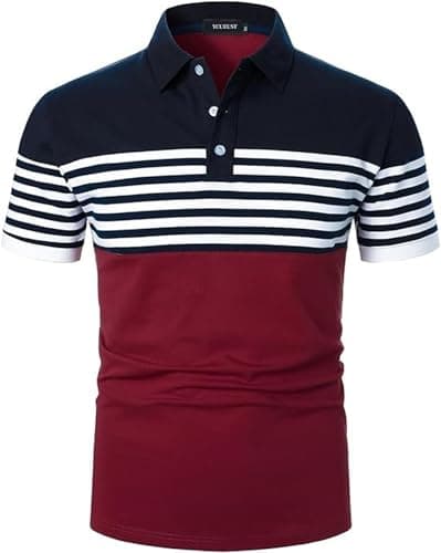 Image of YCUEUST Men's Cotton Striped Short Sleeve Polo Shirt Fashion Casual T-Shirt Top Blue-Red XXL