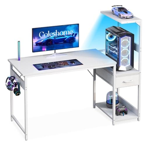 Image of Coleshome 120×48 cm Gaming Desk with LED Lights, Reversible Computer Desk with Drawers & Display Shelves, Gaming Table with Headphone Hook, Carbon Fiber White