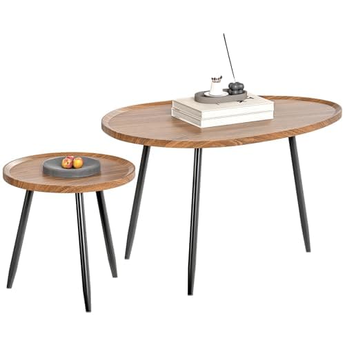 Image of HOMCOM Nesting Coffee Table Set of 2, 80cm Modern Stacking End Side Table with Metal Legs for Living Room Bedroom Office, Chestnut Wood Effect