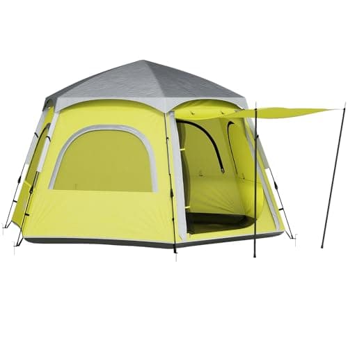 Image of Outsunny Instant Pop Up Camping Tent, 2/3/4 Person Easy Setup Dome Family Tent with Vestibule, Rainfly, 4 Mesh Windows & 2 Doors, Hexagonal Design, Waterproof & UV Protected, Yellow Green