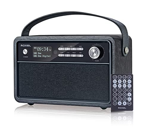 Image of Roxel Retro D1 Vintage DAB+/FM Radio Wireless Speaker | Bedside Alarm Clock with Sleep Function. Rustic Exterior, Mains and USB Rechargeable, TF card, AUX and USB Compatible (Black)