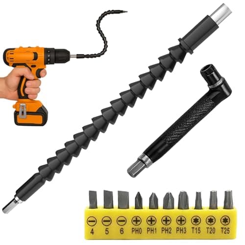 Image of 12 Pcs Flexible Drill Bit Extension Set,11.8 inch Bendable Flexible Screwdriver Extension with 90° Right Angle Screwdriver Bits Soft Shaft for Drive Shaft Tip and 10 Pcs Screwdriver Bit Set