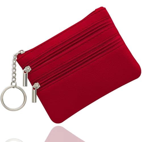 Image of Red Coin Purse, Zipper Wallet for Women - Small & Lightweight, Easy to Carry with 3 Compartments & Keychain