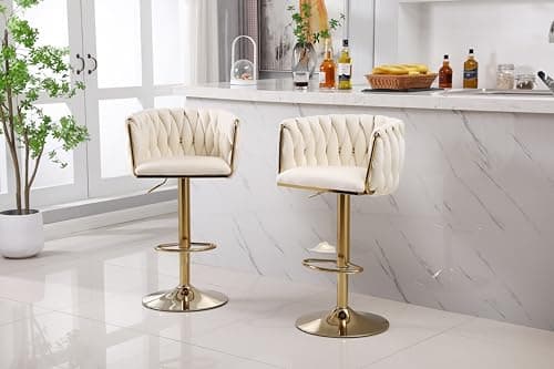 Image of FEFE Modern Set Of 2 Bar Stools - 360 Degree Swivel Bar Stool With Gold Base Adjustable Counter Height Velvet Kitchen Island Chairs For Dining Room, Kitchen, Cafe Pub Barstools (2, Cream Gold)