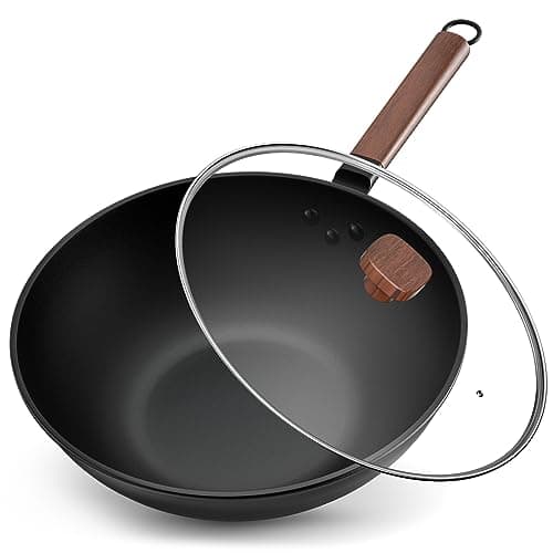 Image of Jobin 13Inch/33cm Wok Non Stick with Lid Carbon Steel Wok Pan Large Capacity for Cook Asian Dishes for 4-6 People, Stir Frying Pan for Induction, Gas, Ceramic, All Hobs