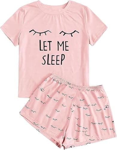 Image of Haloumoning Girl Summer Cute Shorts Set Comfortable Short Sleeve Cartoon Printed Pyjama Set T-Shirt and Short Pants Set, Pink, 12-14 Years