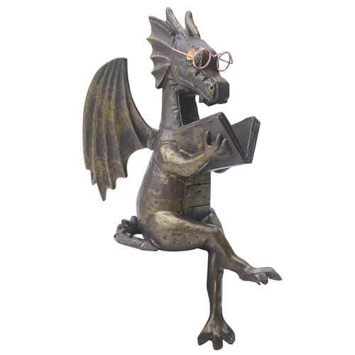 Image of Marsrut Dragon Reading Book Ornament Statue, Wearing Dragon Sculpture Dinosaur Figurines Decor for Garden Bookshelf Decors