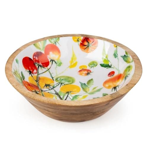 Image of Carousel Home Medium Mango Wood Tomato Serving Bowl, 24cm Handcrafted Wooden Salad and Fruit Bowl with Enamel Interior Rustic Kitchenware