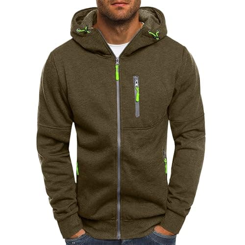 Image of Mens Hoodies Casual Fleece Hooded Sweatshirt Full-Zip Long Sleeve Pullover Hoody Tops Green M
