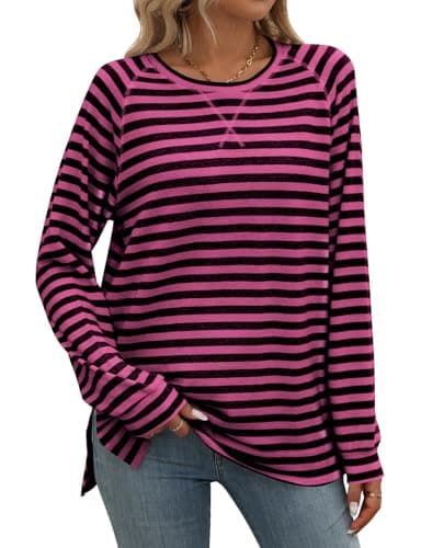 Image of Flikity Plus Size Tops for Women, Crew Neck Blouses Striped Sweatshirt Women Long Sleeve T Shirts Ladies Top 18-20 Womens Autumn Clothes Going Out Tops Pink XL