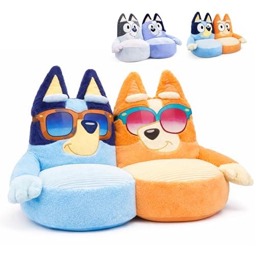 Image of Bluey Kids Plush Sofa Chair with Sunglasses Design – Soft Toddler Seat for Boys & Girls – Large Comfy Character Style Chair for Playroom, Bedroom & Living Room – Lightweight & Cosy