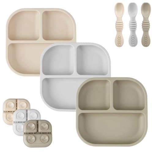 Image of PandaEar 3 Pack Baby Suction Plates for Weaning with Spoons, Silicone Toddler Plates for Childrens Kids, Unbreakable Divided Baby Plate with Suction, Non-Slip, Non-Toxic, BPA Free (Creamy Grey Brown)