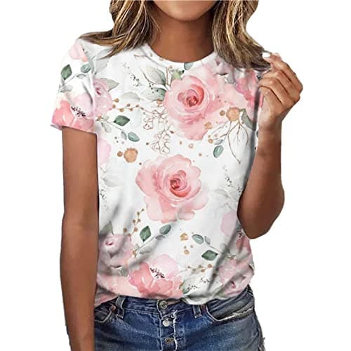 Image of NQyIOS Casual Flower Print Short Sleeve Crewneck T Shirt Women Shirts Women Plus Pink
