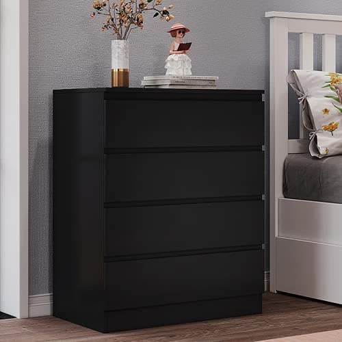 Image of Panana Wooden 3/4/5/6 Chest of Drawers with Metal Runners Modern Bedside Storage Cabinet for Living Room Hallway Bedroom (Black, 4 Drawer Chest)