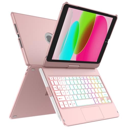 Image of MMK Keyboard Case for iPad 9th Generation 10.2 inch 2021, Multi-touch Trackpad & 7 Color Backlight & 360°Flip Hard-shell, Slim Keyboard Case with Pencil Holder, for iPad 9th/8th/7th Gen, Rose Gold