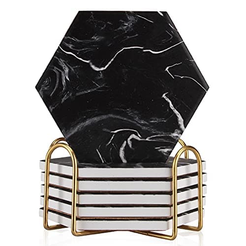 Image of 6 Pcs Cool Black Marble Coasters With Holder - Hexagon Absorbent Modern Ceramic Set - Best Stone Drink Coasters for Beverage, Coffee Table, Cup, Bar