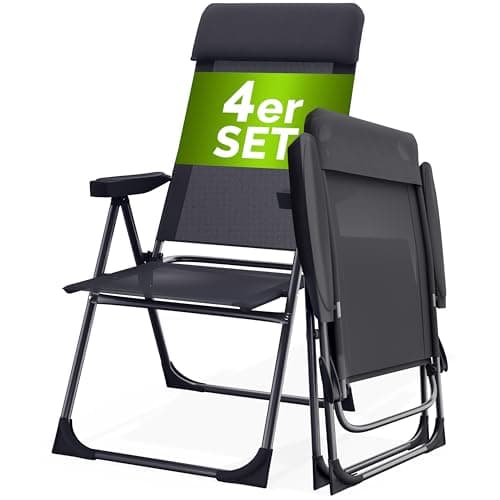 Image of CASARIA® 4x Aluminium High Back Folding Garden Chairs | Lightweight 7-Way Adjustable Backrest Armchairs Set | Padded Headrest | Patio Balcony Camping Outdoor | Anthracite/Black