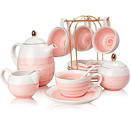 Image of Sweejar Porcelain Tea Sets, 225 ml Cups and Saucer Teaspoon Set of 4, with Teapot Sugar Bowl Cream Pitcher and Tea Strainer for Tea/Coffee,Afternoon Tea Party (Pink)