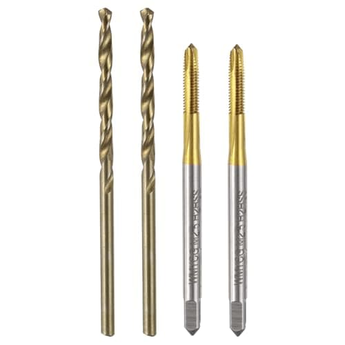 Image of sourcing map Metric Tap & Drill Bit Set, 2pcs M2.5 x 0.45 Spiral Point Thread Taps Titanium Coated and 2pcs 2.1mm Twist Drill Bits Roasted Yellow, Screw Tapping Threading Tools