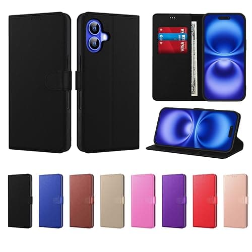 Image of New Horrizon For iPhone 16 Case PU Leather Wallet Flip Cover with 3 Card Slots, Kickstand & Magnetic Closure, Shockproof Protective Phone Case for iPhone 16 6.1" – Black – Lifetime Support