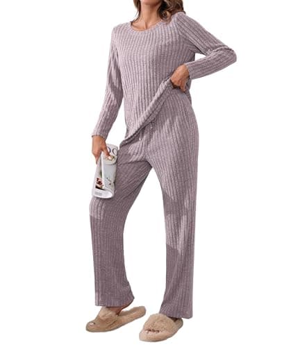 Image of TIANZHU Women's Homewear Set Cozy Comfy Loungewear Pajamas for Women Ribbed Crewneck Casual Leisure Bedwear 2 Piece Set, Violet, Size 12-14