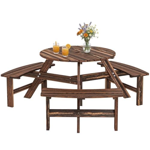 Image of Outsunny Wooden Garden Dining Set, 6 Seater Round Dining Picnic Table with Matching Bench, Garden Furniture Set with Parasol Hole for Outdoor Patio Party and Family Gatherings, Carbonized