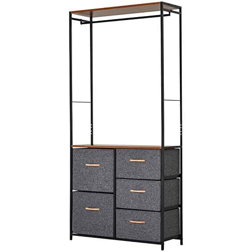 Image of HOMCOM Chest of Drawers with Coat rack Steel Frame 5 Drawers Bedroom Hallway Home Furniture Black Brown