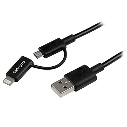 Image of StarTech.com LTUB1MBK 1 m (3 ft) Black Apple 8-Pin Lightning Connector or Micro USB to USB Combo Cable for iPhone iPod iPad, Charge and Sync Cable