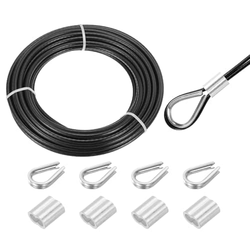 Image of sourcing map 33ft Wire Rope 304 Stainless Steel Cable, 6mm(1/4") Vinyl Coated with 4pcs Aluminum Sleeves and Thimble for Railing, Decking, Hanging, Clothes Lines, Black 10m
