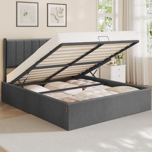 Image of VASAGLE King Bed Frame, 150 x 200 cm, Ottoman Bed with Lift-Up Storage, Hydraulic Lift, Modern Minimalist, Easy Assembly, Slate Grey RMB617GN01