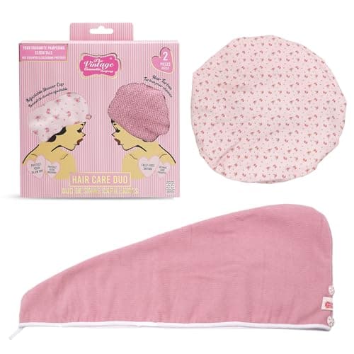 Image of The Vintage Cosmetic Company Shower Cap & Microfiber Hair Wrap Duo, Waterproof Shower Cap and Quick-Dry Hair Towel for Women, Travel, and Daily Hair Care