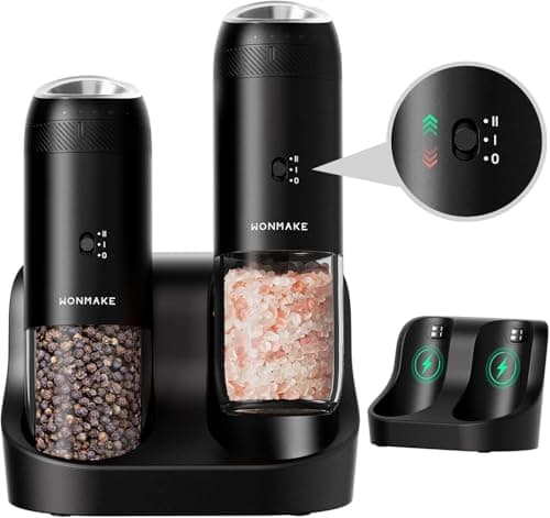 Image of WONMAKE Electric Salt and Pepper Grinder Set, Gravity Automatic Pepper Mill 176ML Rechargeable with Charging Base/Dual Speed/6 Adjustable Coarseness/LED Light, for Kitchen One Handed Operation
