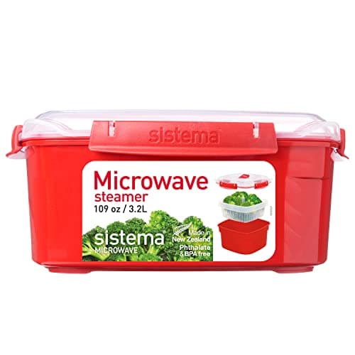 Image of Sistema Microwave Food Steamer with Removable Steamer Basket | Large 3.2 L | Red/Clear