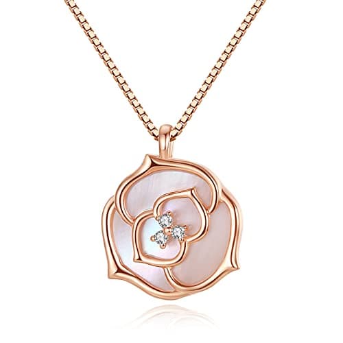 Image of VIKI LYNN Pink Mother of Pearl Rose Flower Pendant Necklace for Women 18K Rose Gold Plated