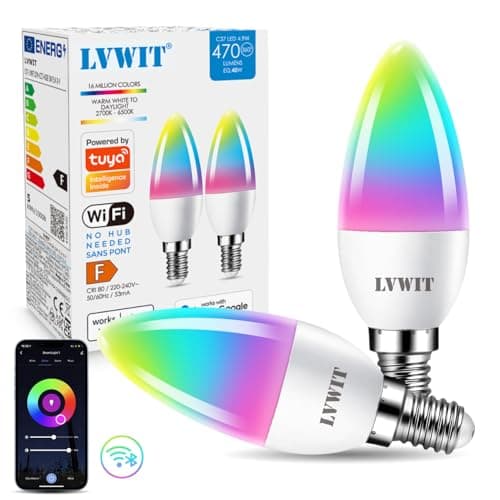 Image of LVWIT E14 Screw Smart Bulb,4.9W Smart Candle Bulbs Alexa,470Lm,Replace 40w Screw Smart Bulb Compatible with Alexa,Echo and Google Assistant,Remote Control by APP,220-240V, No Hub Required (2 PCS)