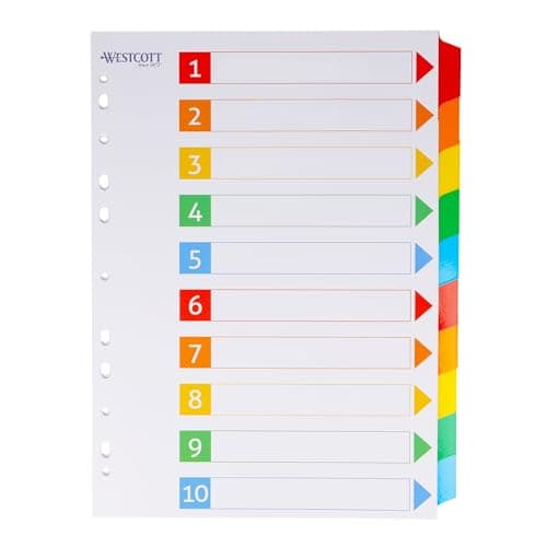 Image of Westcott Index tabs for A4 folders | Divider Sheets for A4 folders | 10 writable tabs in 5 Colours as Folder Organiser | Sturdy 160 g/m² with Euro Hole Punch | E-1733311 00