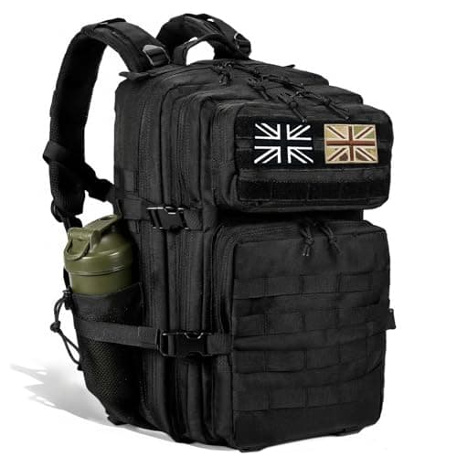 Image of Geebymol 45L Military Tactical Backpacks Large Molle Army Assault Pack 3 Day Bug Out Bag Laptop Bag for Hiking Treeking Hunting Rucksack with Bottle Holder & 4 Flag Patches, Black-1