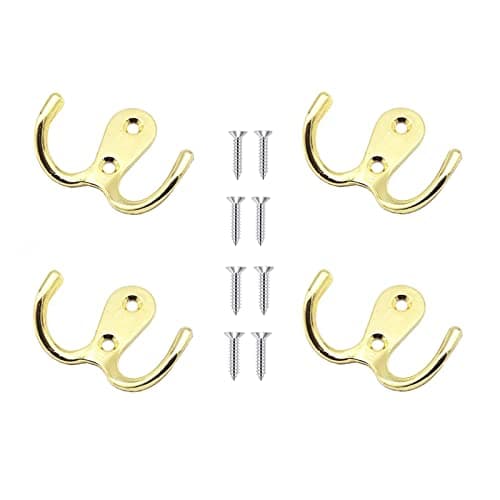 Image of Yesmin 4 Pcs Double Prong Robe Hooks, Dual Coat Hooks Wall Mounted Hanging Clothes for Bathroom Bedroom Door Wall Retro Metal Cloth Hanger Double Coat Hooks with 8 Screws (Gold)