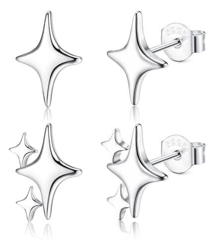 Image of Dochais 2 Pairs Star Stud Earrings for Women, Hypoallergenic Small Silver Star Stud Earrings S925 Sterling Silver Sleeper Earrings Lightweight Piercing Jewelry Set for Gift Lady Men Cartilage Helix