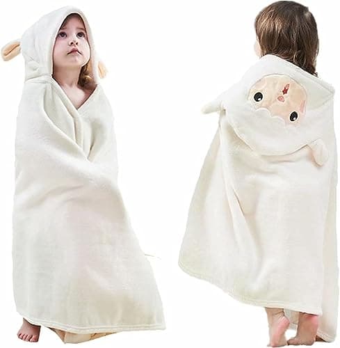 Image of HUOCAI Premium Hooded Towels For Kids 33x59 inch | Kids Bath Towel | little sheep design | Ultra Soft and Extra Large | 100% Cotton Childrens Swimming/Bath Towel with Hood for 5-10 years（white）