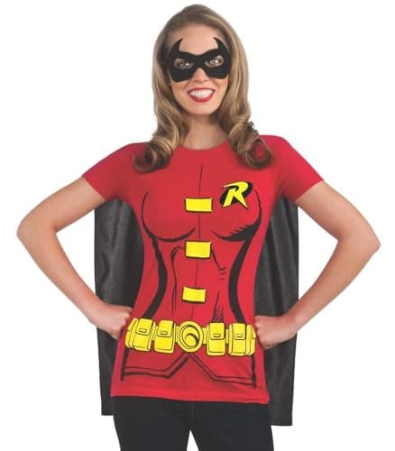 Image of Rubies Official DC Comic Robin T-Shirt Set, Adult Instant Costume Kit, T-shirt, Cape and Eyemask, Ladies Size Large, Red Halloween