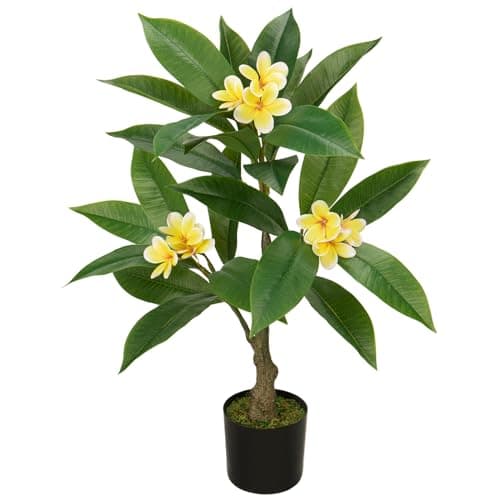 Image of Hollyone 68CM Artificial Blossom Tree, Fake Tropical Plumeria Plant Indoor & Outdoor, Tall Faux Plants for Front Door, Living Room, Kitchen, Balcony, Office, Home Decorations